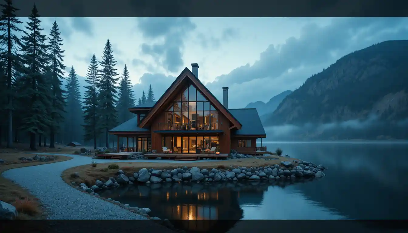 Casa sul lago in legno in stile scandinavo all’alba tra montagne coperte di pini