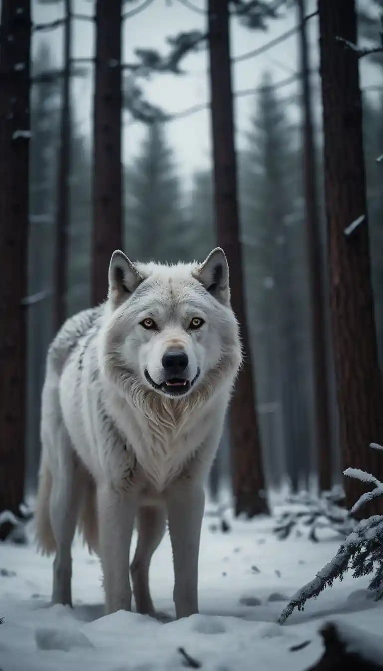 Lobo branco fantasmagórico em uma floresta nevada ao luar