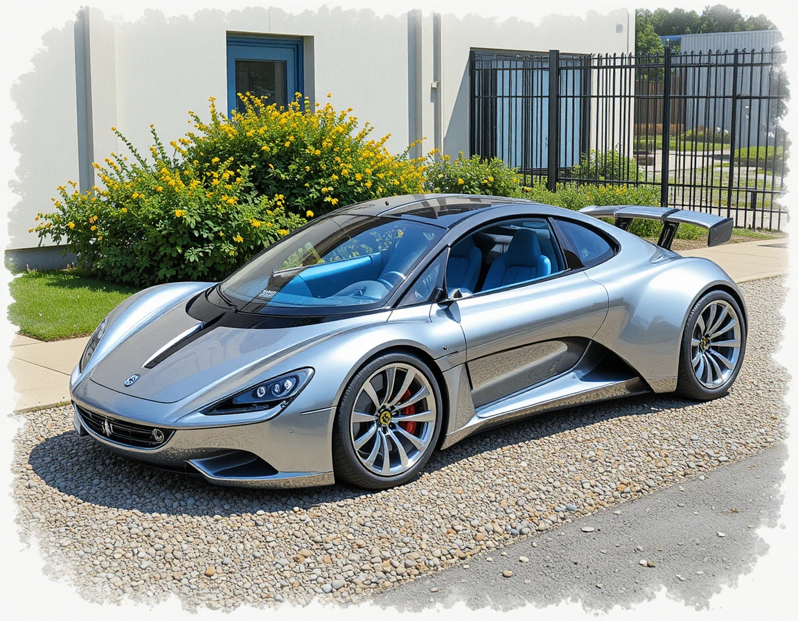 Auto argento futuristica con tetto solare in un parcheggio all’aperto