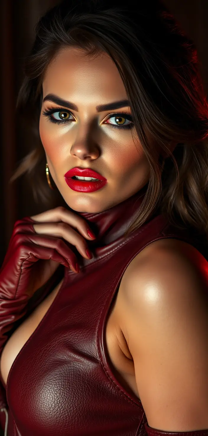 Sensual woman in leather under dramatic cinematic night lighting