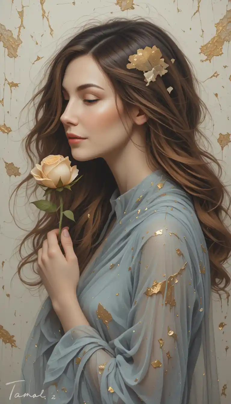 Mixed media portrait of a young woman with rose