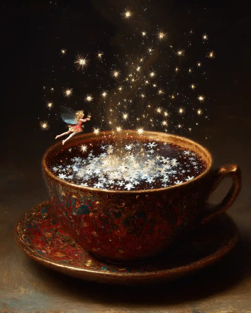 Fata fiabesca che fa turbinare fiocchi di neve in un caffè fumante