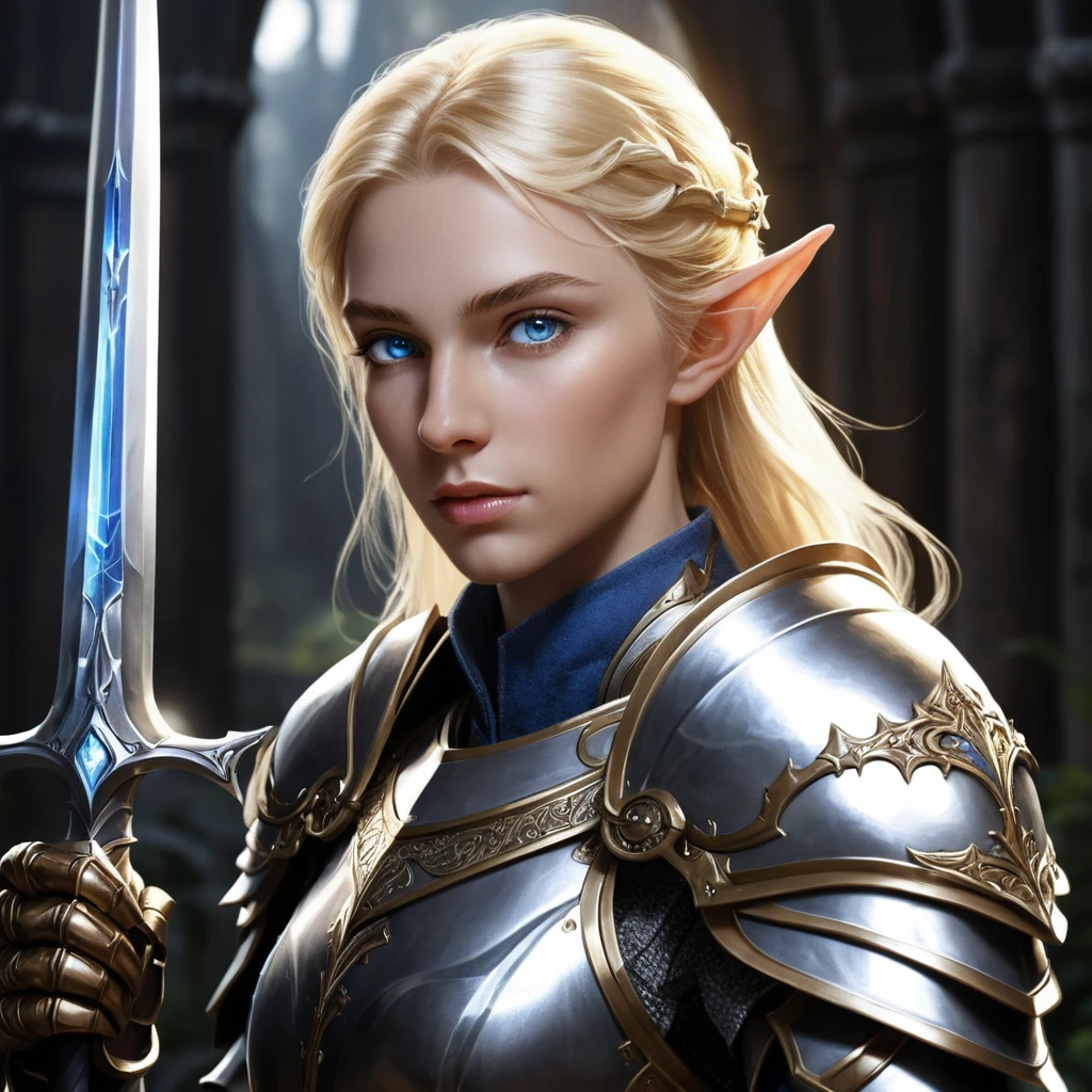 Paladin elfe blond en armure royale étincelante avec lance