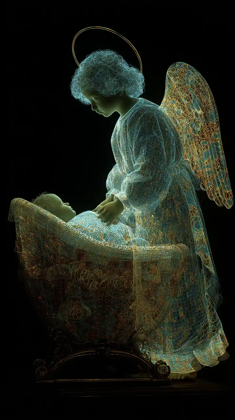Guardian angel watching over a sleeping baby in fantasy cradle