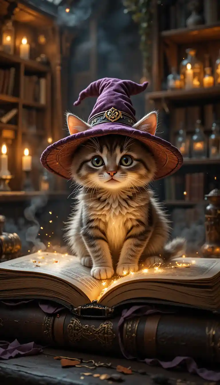 Cute wizard kitten on glowing magical spellbook