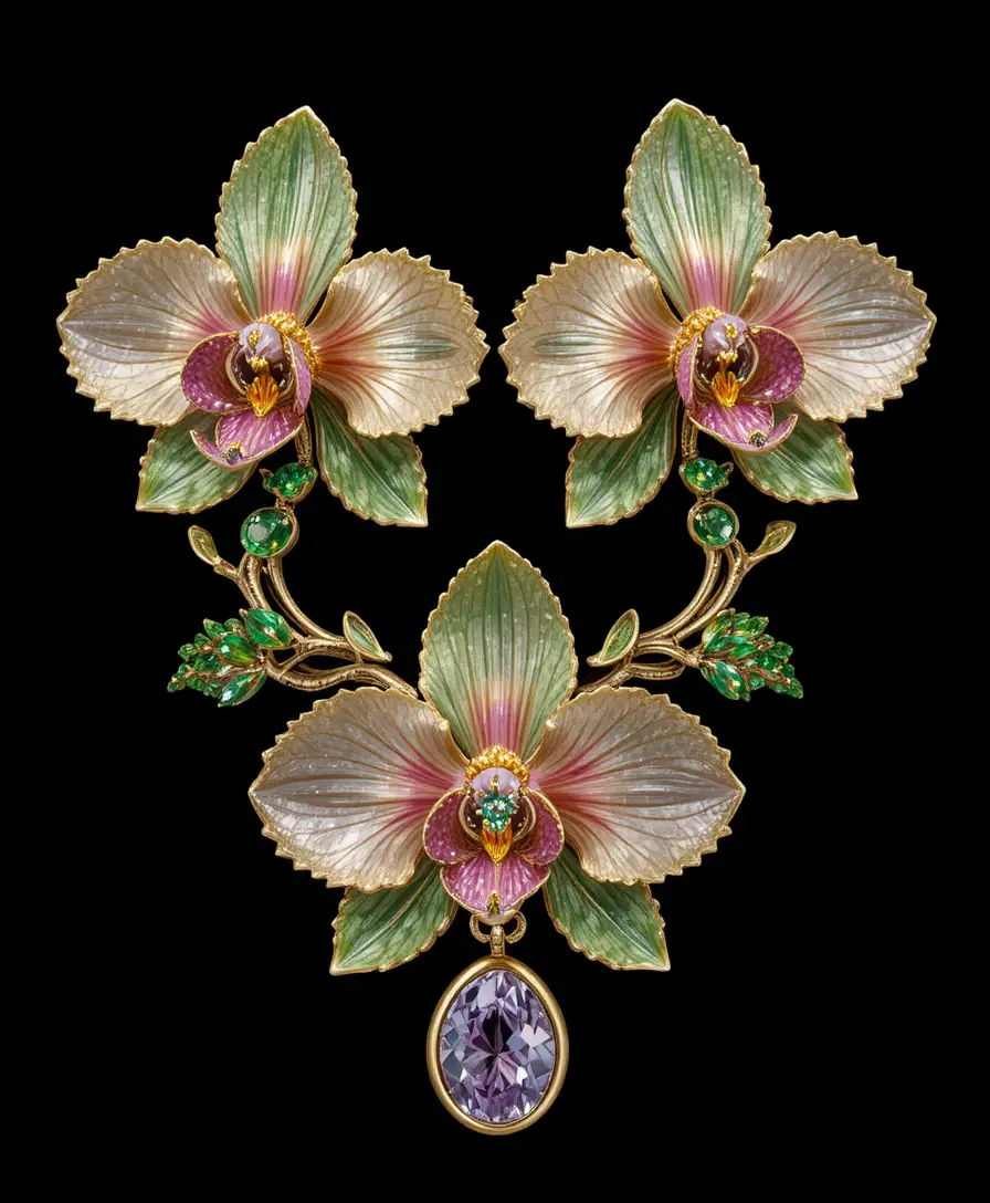 Gold orchid gemstone earring on a dark background