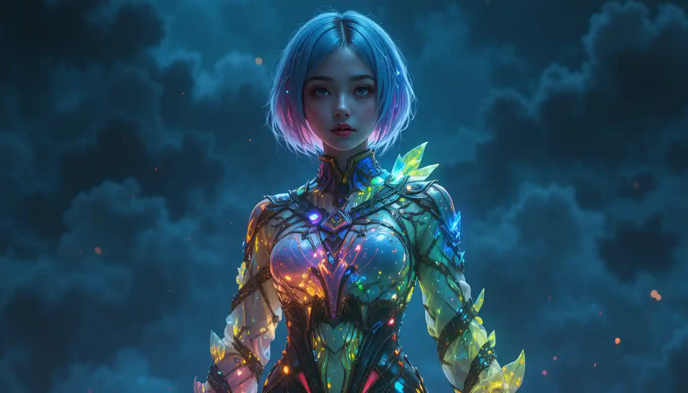 Enigmatic woman with glowing clothes against dark sky