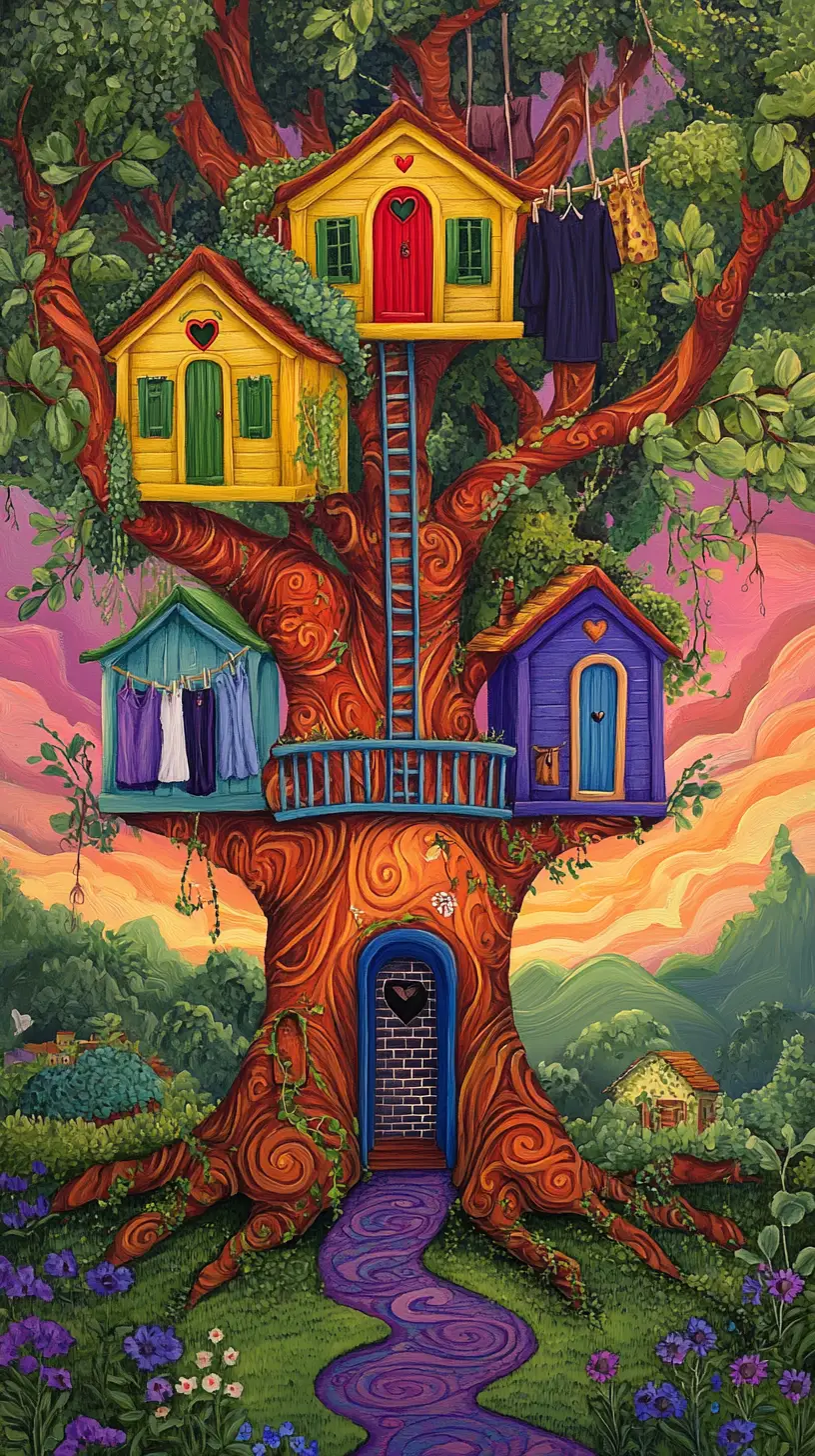 Villaggio di case sugli alberi in un colorato albero fantasy