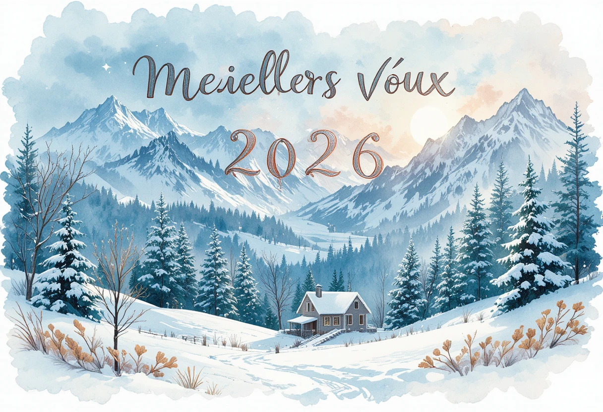 Vector greeting card for 2026 with snowy winter landscape