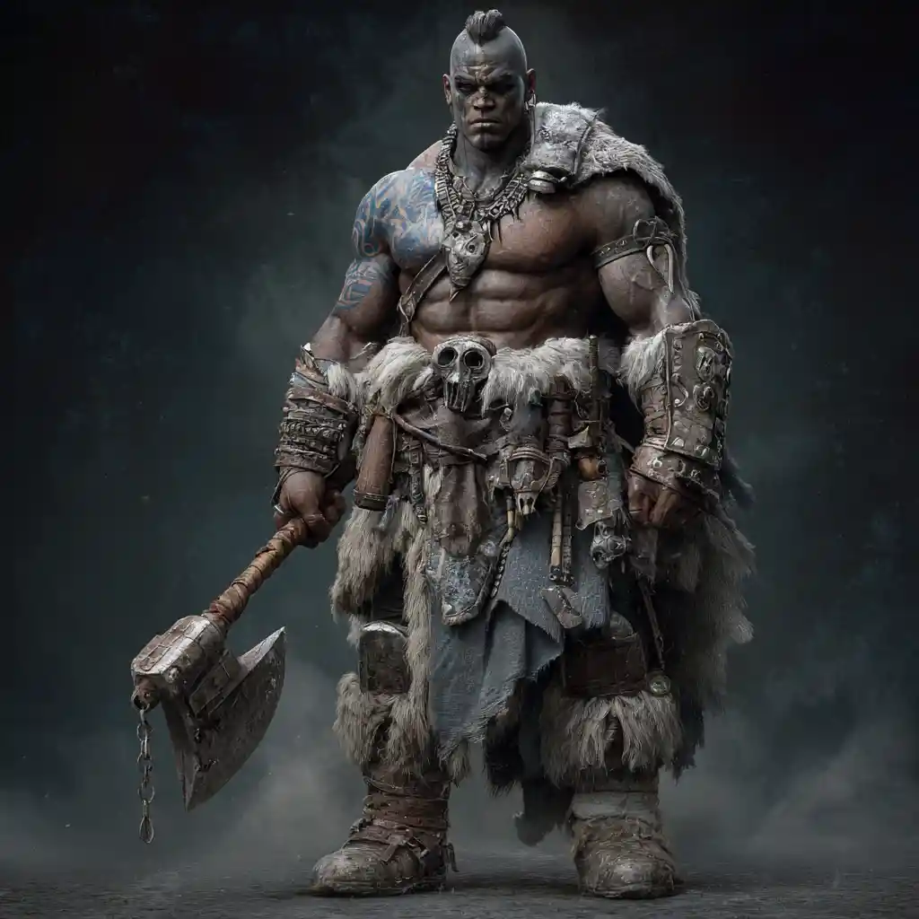 Muscular goliath barbarian berserker with tribal tattoos