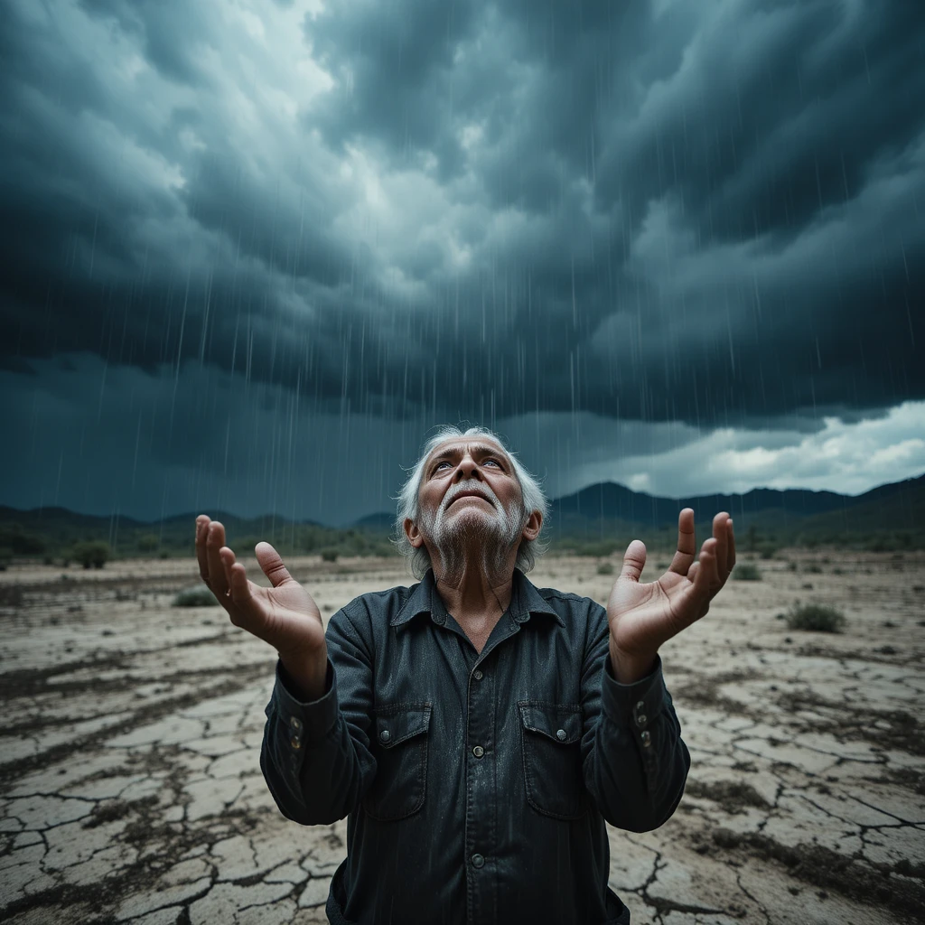 Personne âgée accueillant la première pluie sur le désert aride