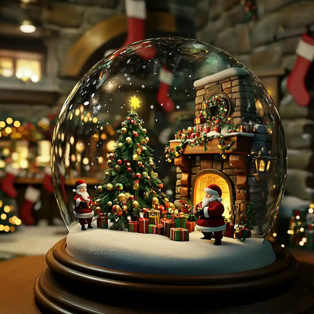 Babbo Natale e gli elfi che mettono i regali sotto un albero di Natale luminoso