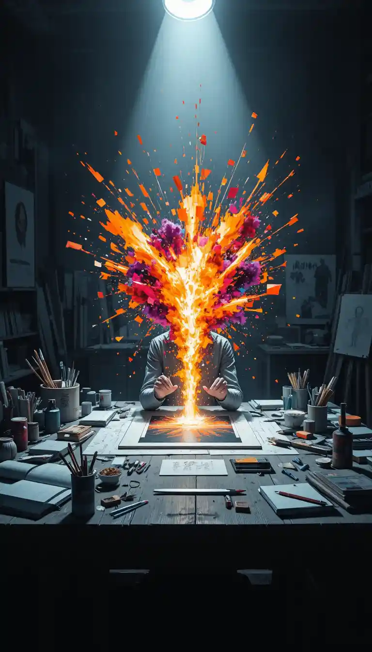 Le mani dell’artista accendono un’esplosione vibrante di energia creativa in studio
