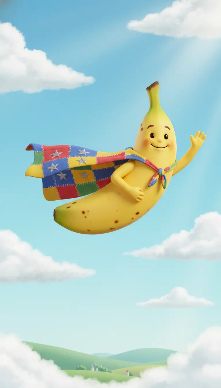 Héros banane volant joyeux dans un ciel bleu doux