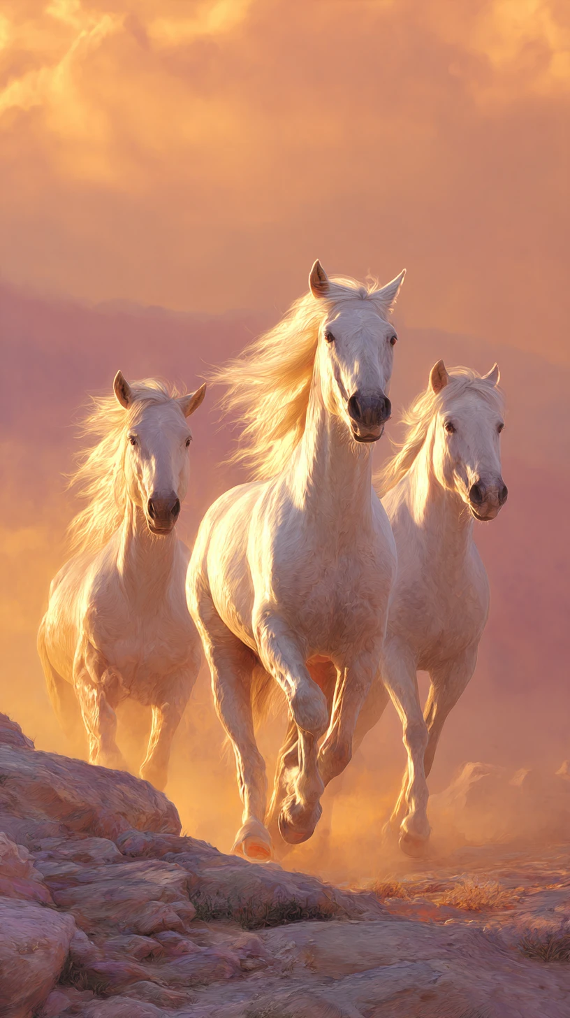 Cavalos brancos correndo livremente ao pôr do sol