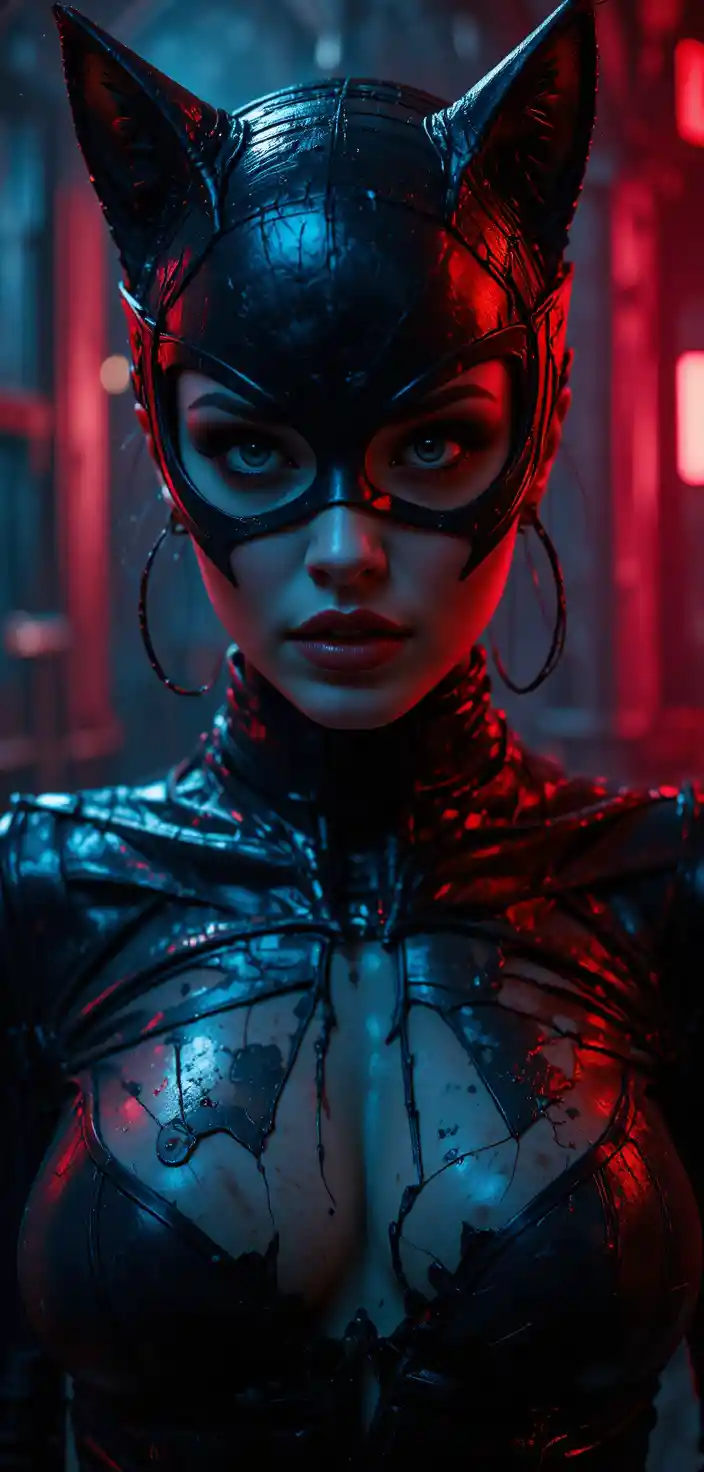 Seductive woman in leather at night with dramatic light