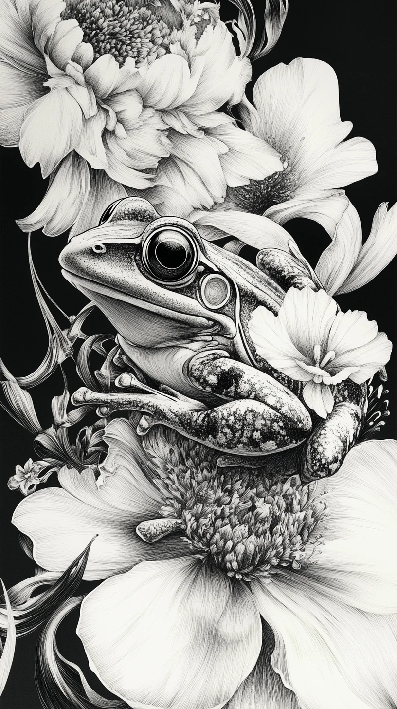 Ilustração detalhada de sapo em tinta formada por elementos florais