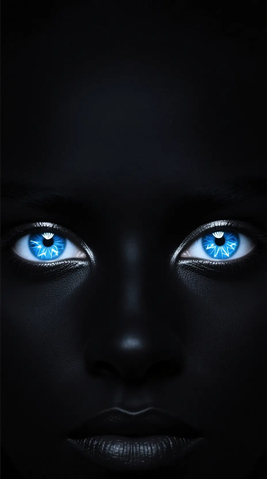 Glowing crystal blue eyes emerging from pure black void
