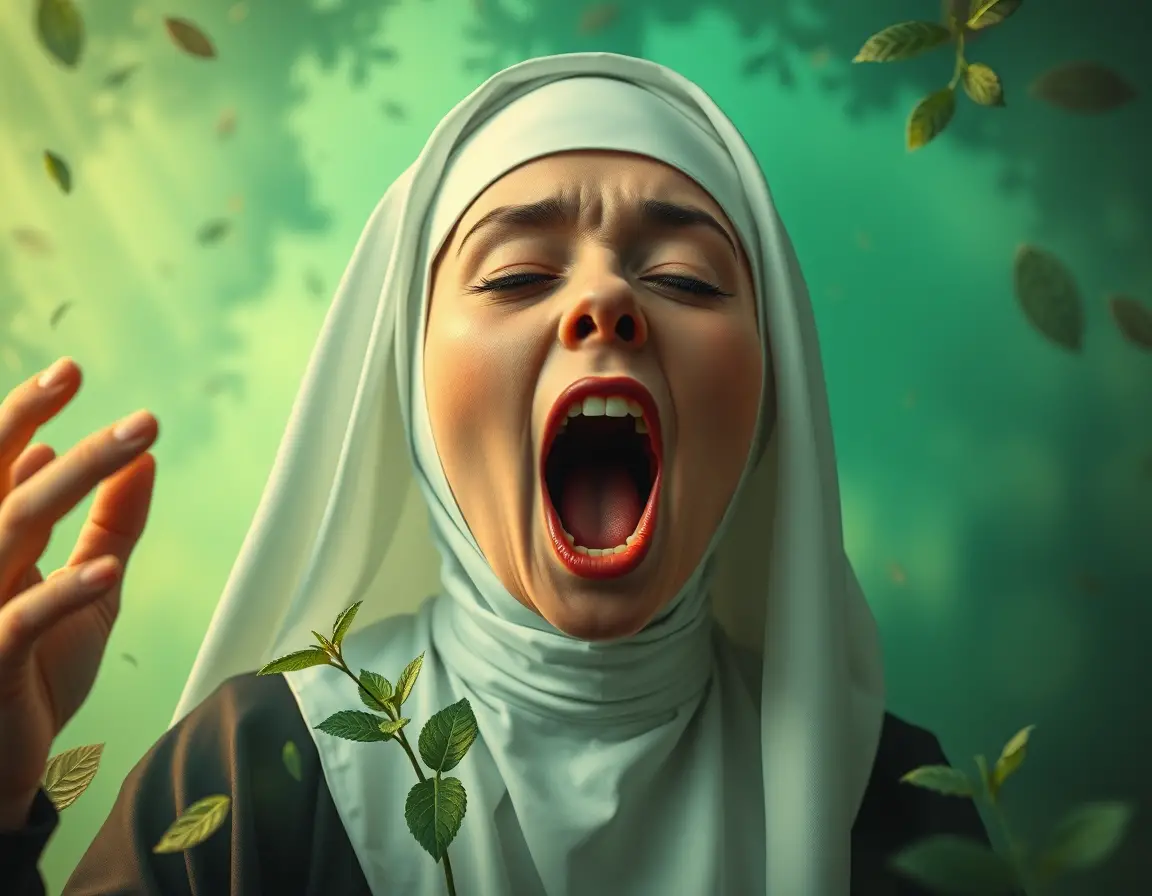Freira surreal em cena de fantasia pop-surreal verde menta