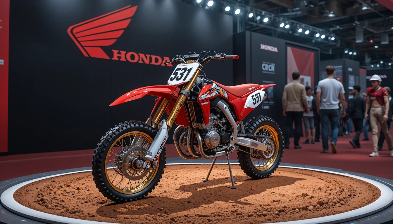 Moto de motocross conceitual vermelha da Honda em plataforma de terra