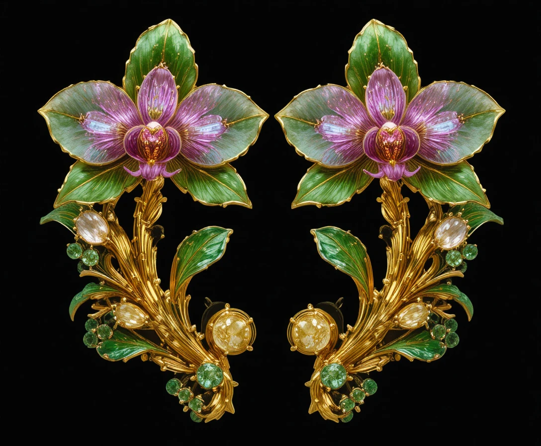 Gold orchid earring with colorful gemstones on black background