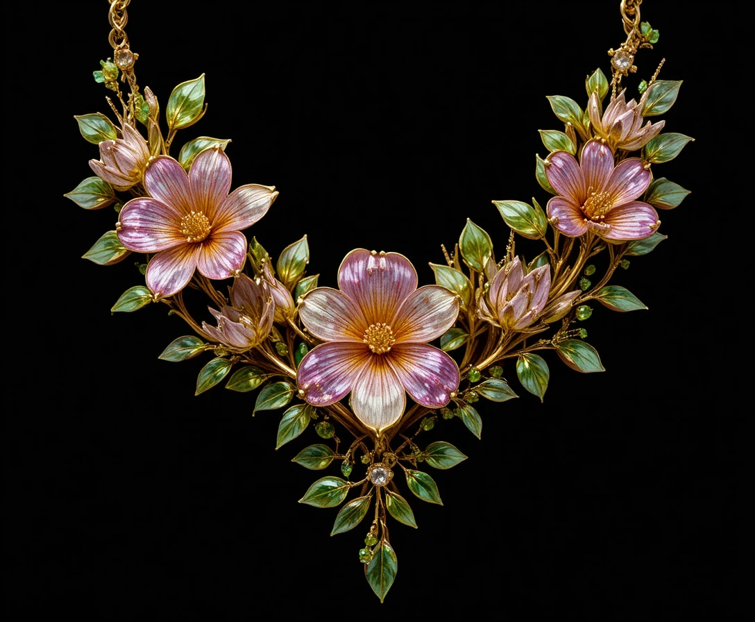 Colar de flor frésia em ouro com pétalas coloridas de gemas