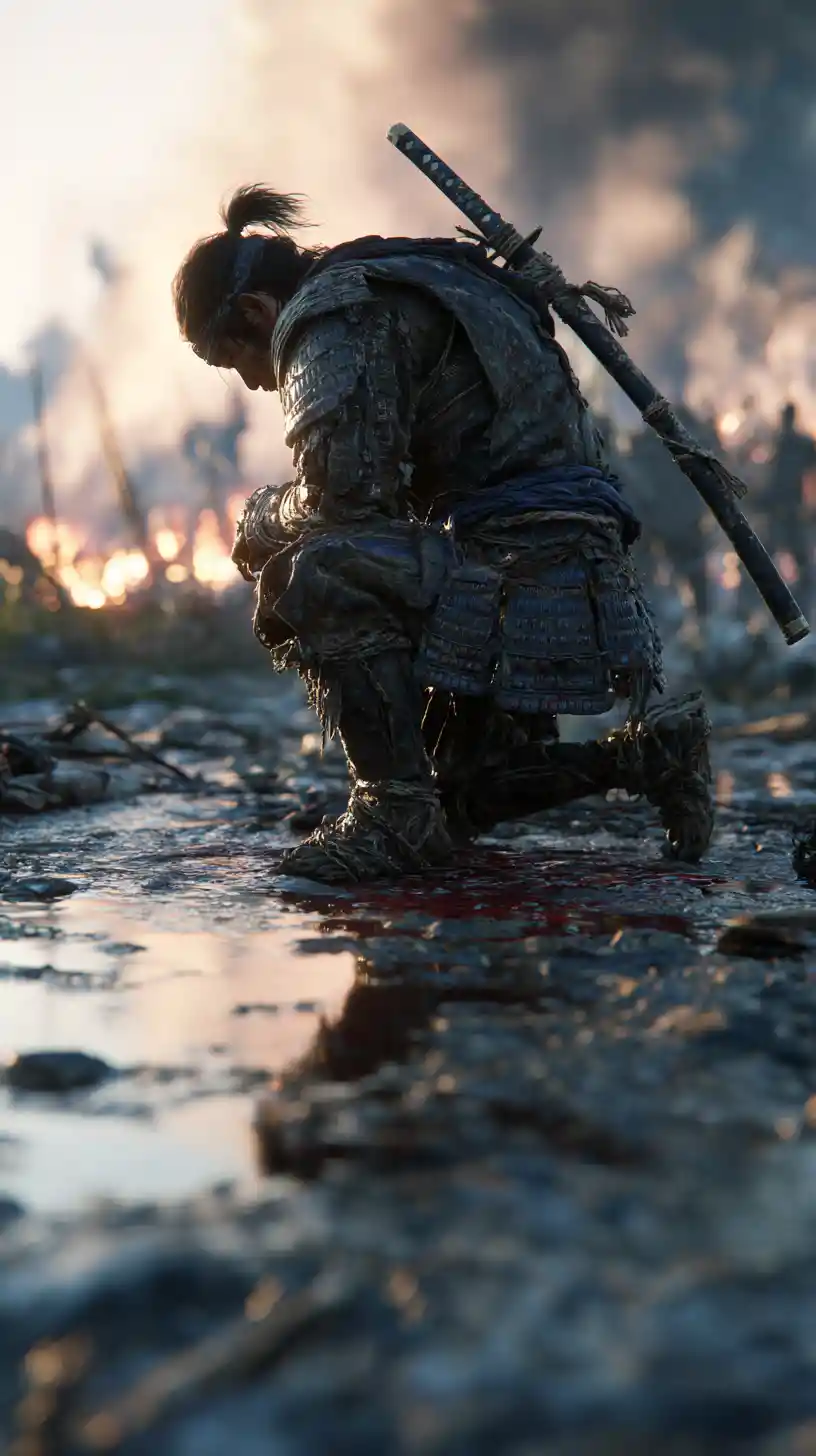 Kneeling samurai on a ruined battlefield after victory