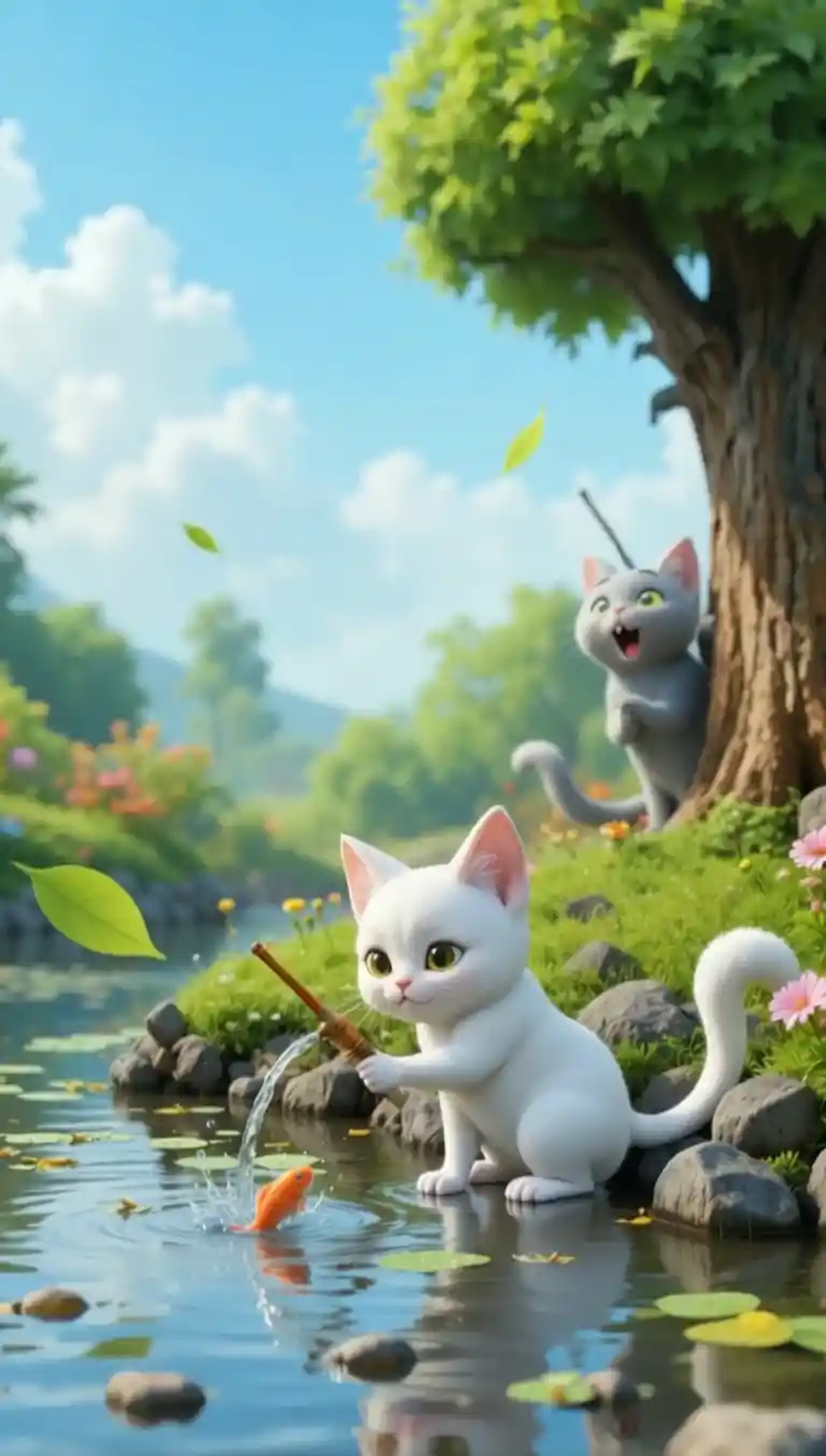 Gatto bianco a cartone che solleva delicatamente un pesce dall’acqua
