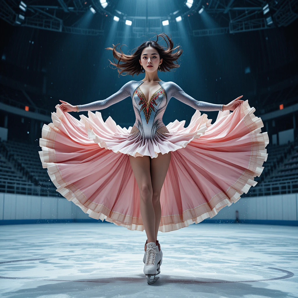 Patinadora artística coreana girando em um traje metálico radiante