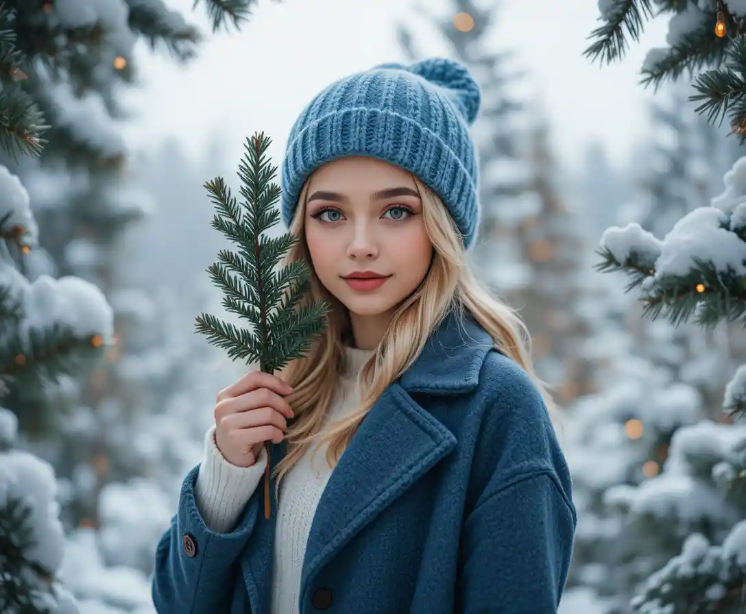 Woman in blue coat framed by Christmas tree branches