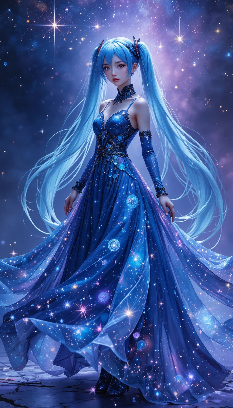 Anime-Mädchen im fließenden kosmischen Kleid unter funkelndem Sternenhimmel