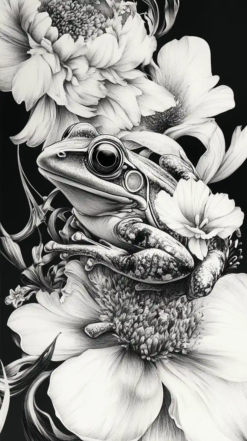 Illustration complexe de grenouille à l’encre composée d’éléments floraux