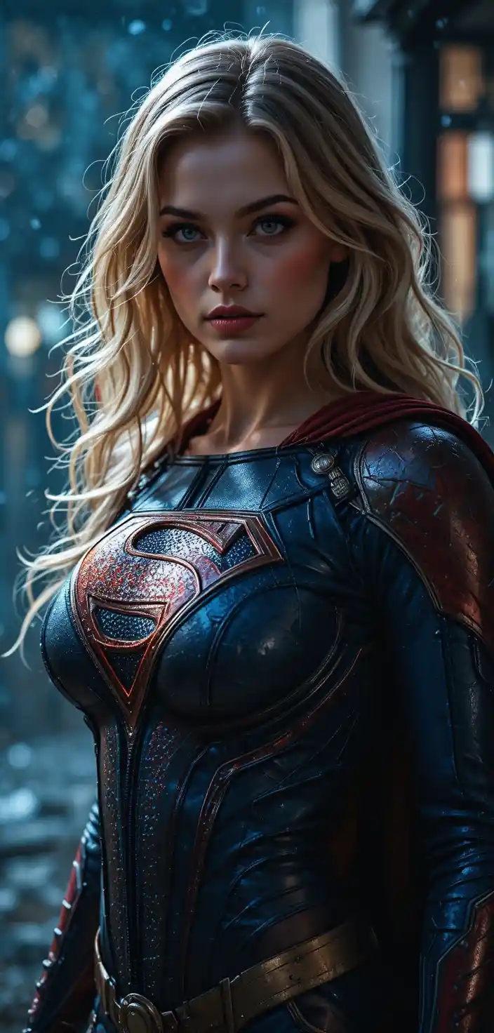 Sensual superhero woman at night in dramatic cinematic light