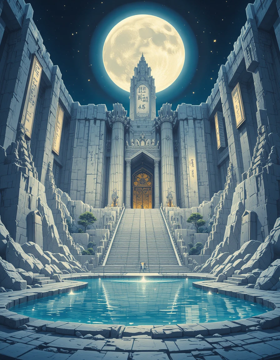 Ancien temple de pierre blanche sous un vaste ciel baigné de clair de lune