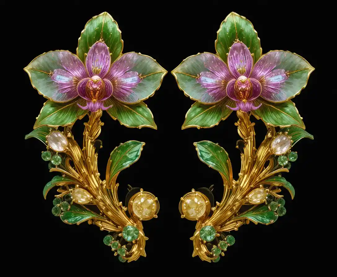 Gold orchid earring with colorful gemstones on black background