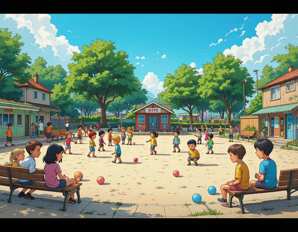 Bunte Spielplatzszene mit gemeinsam spielenden Kindern