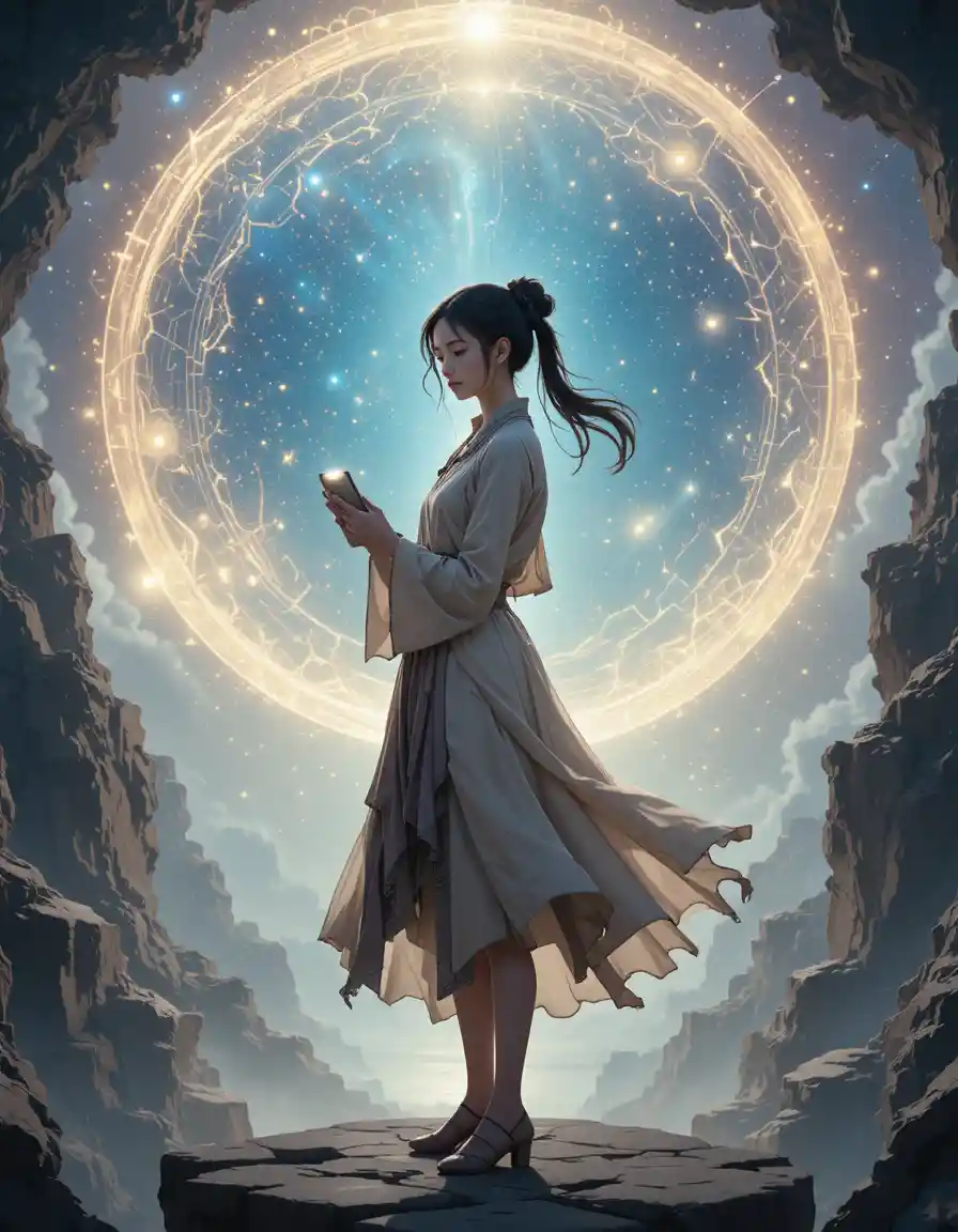 Anime girl holding a holographic tablet at a cosmic abyss