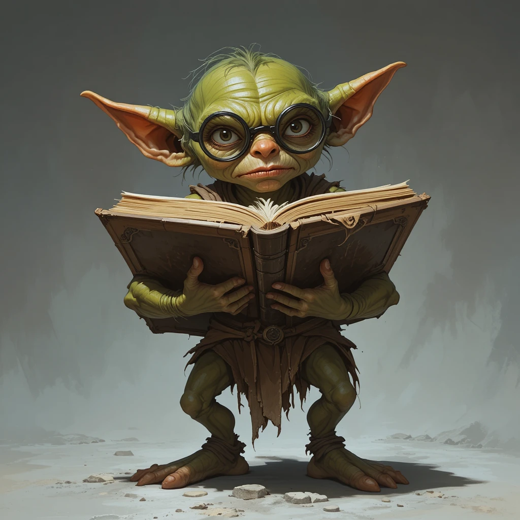 Goblin estudioso determinado com livro antigo gigante