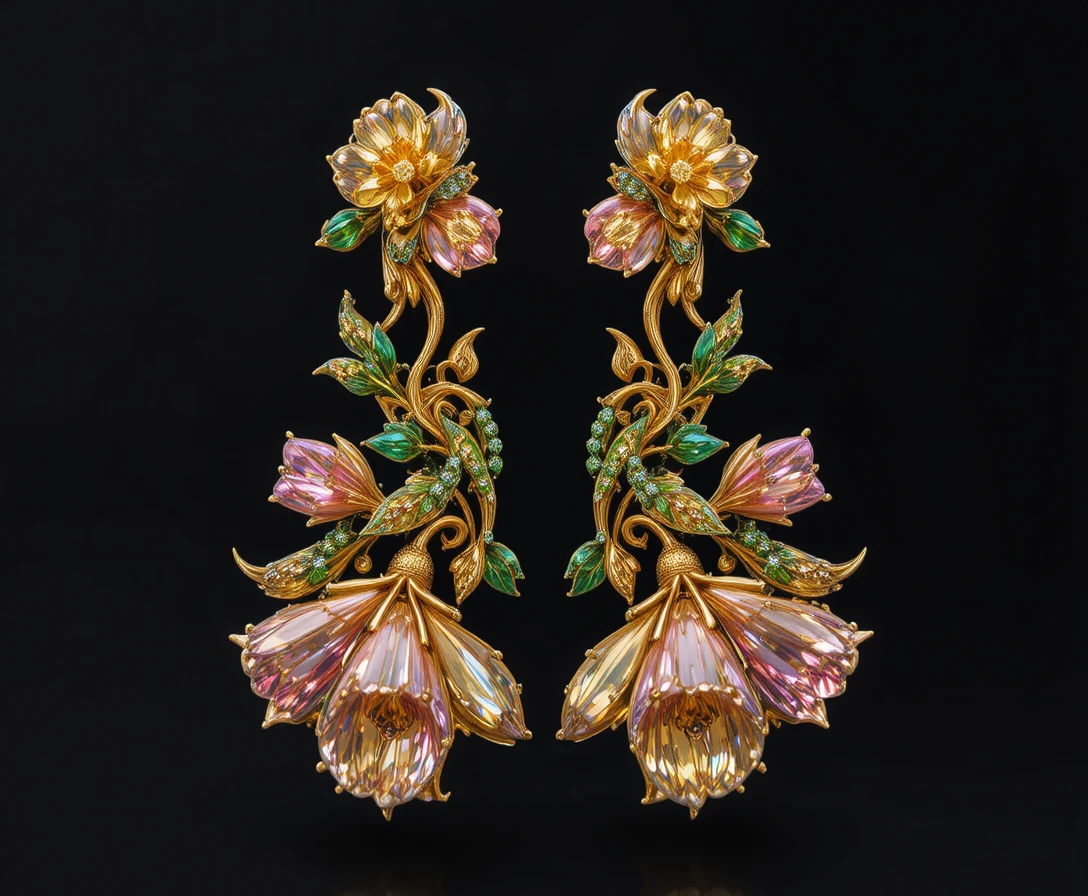 Gold floral gemstone earring on a dark background