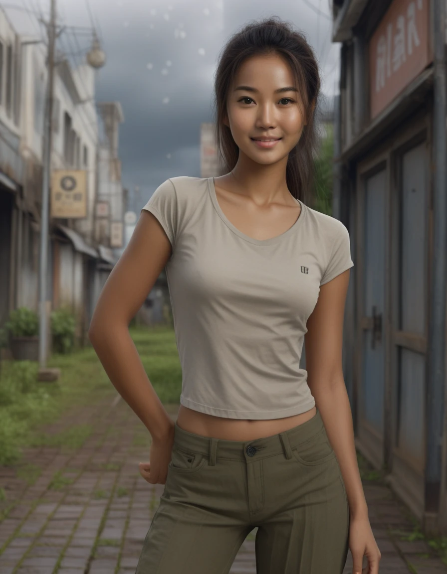 Smiling woman standing in a field on a cloudy day