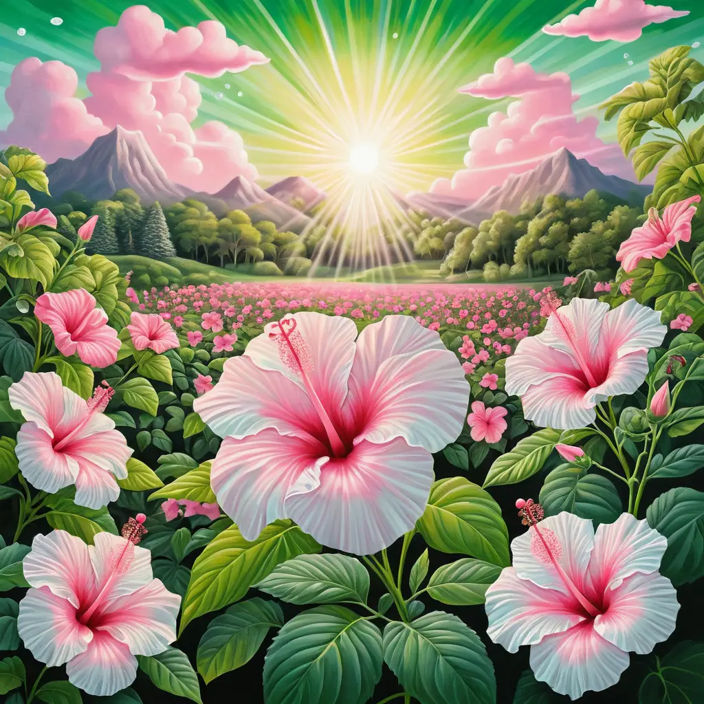 Paysage de rêve estival surréaliste avec champ d’hibiscus roses lumineux