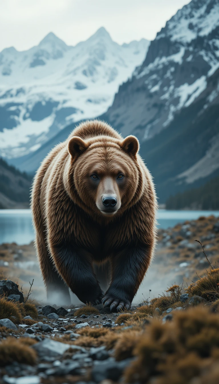 Brown bear roaming in a misty Russian mountain landscape