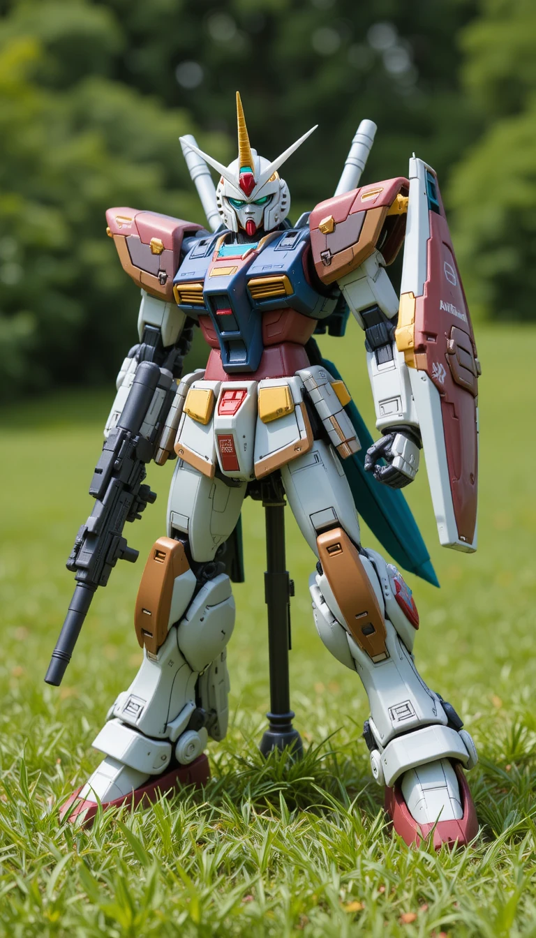 Robot action figure with gatling gun displayed on grass