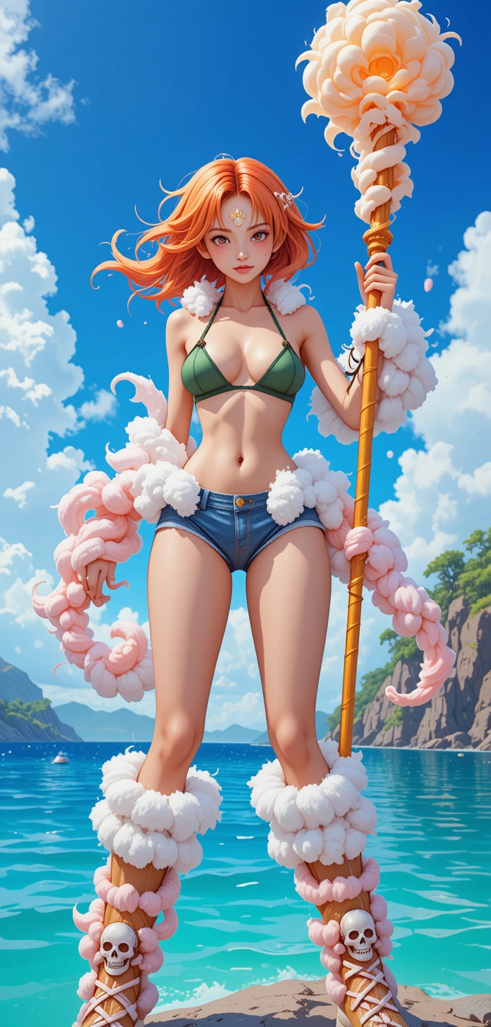 Donna anime con armatura di nuvole che posa su un’isola soleggiata
