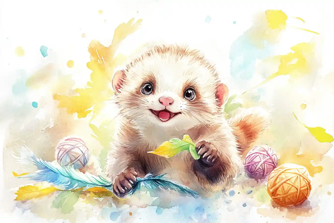 おもちゃで遊ぶ赤ちゃんフェレットのやさしい水彩画風ベビールーム