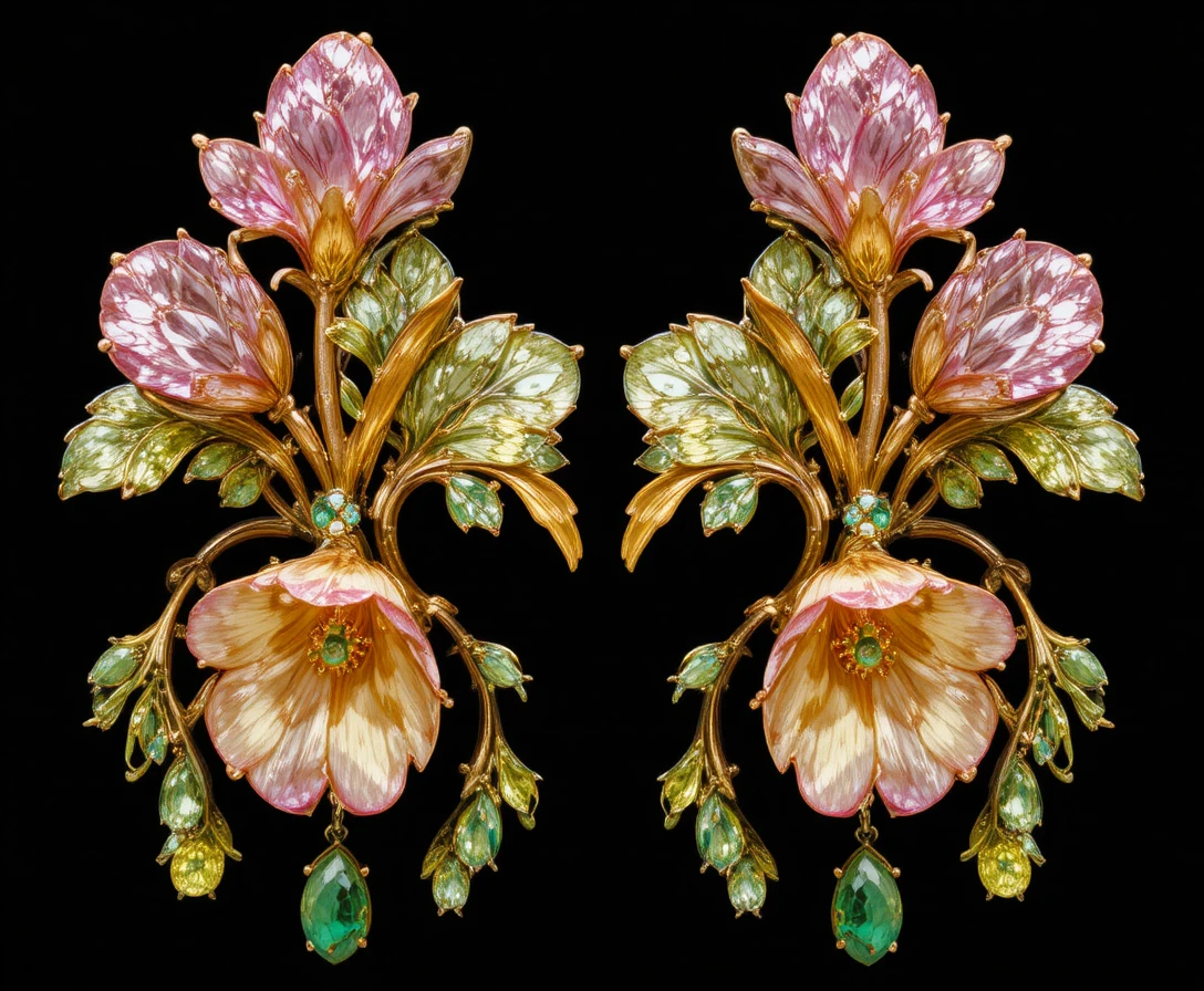 Gold floral gemstone earring on black background