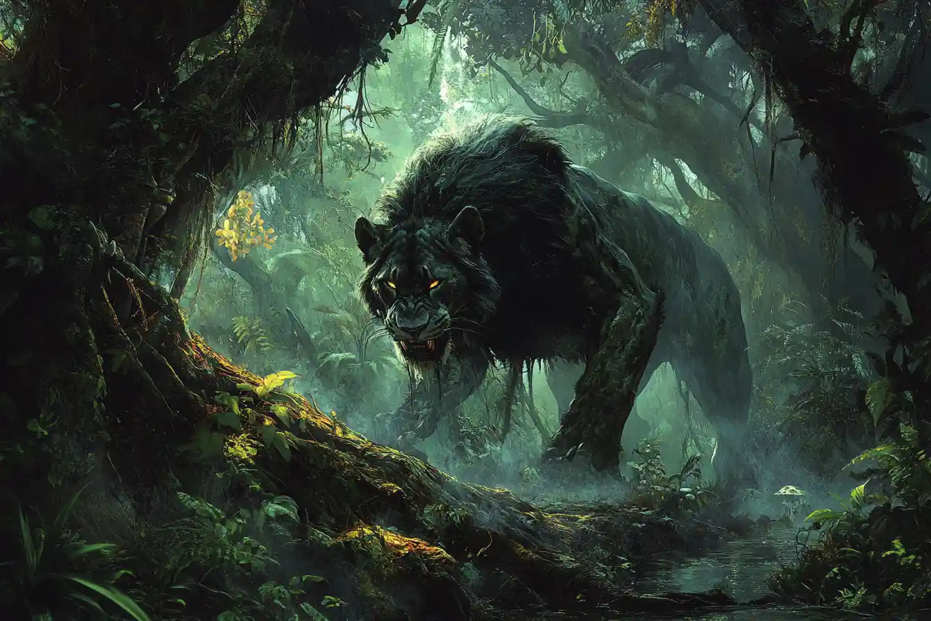 Demonic Lion Hunting In A Sinister Jungle Realm