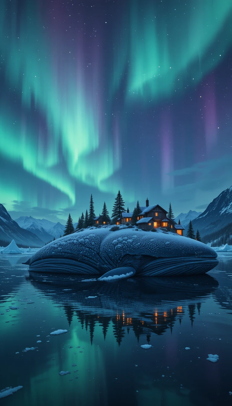 Baleia adormecida sob auroras boreais ondulantes em águas árticas