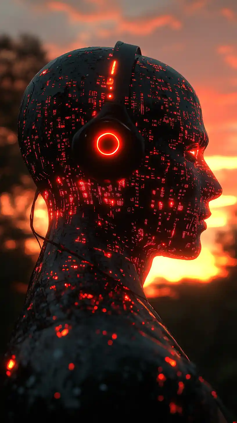 Futuristisches humanoides Profil bei Sonnenuntergang im Wald