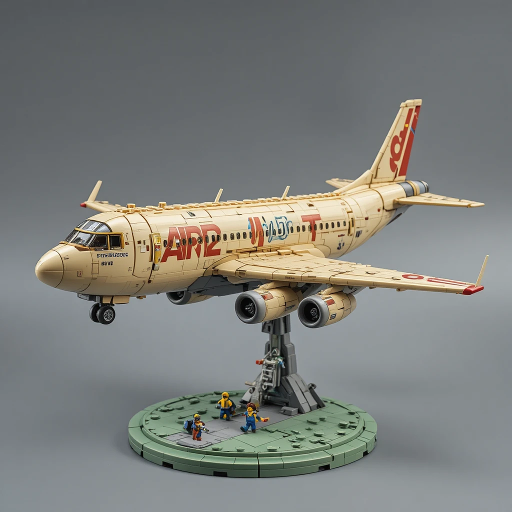 Gran avión de estilo Lego sobre plataforma verde en estudio